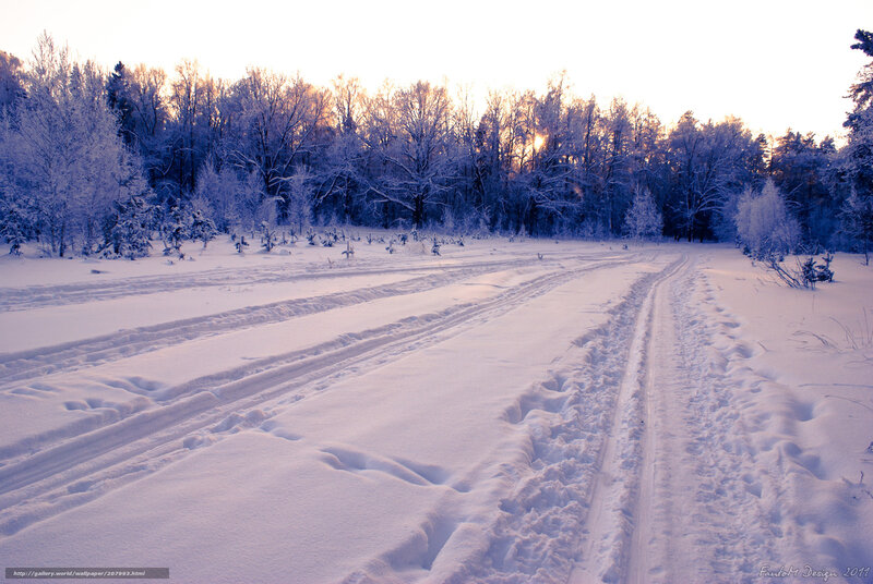 Snowy path at sunset