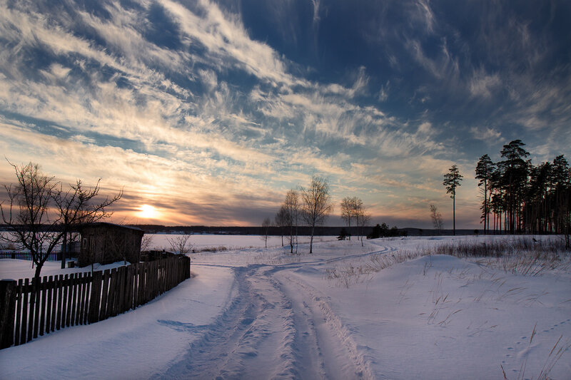 Snowy Path at Sunset — White, Serene, Photograph