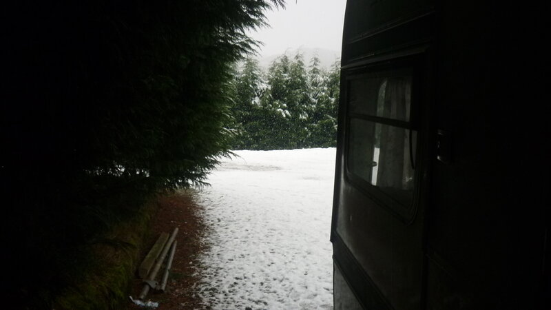 snowy path from camper