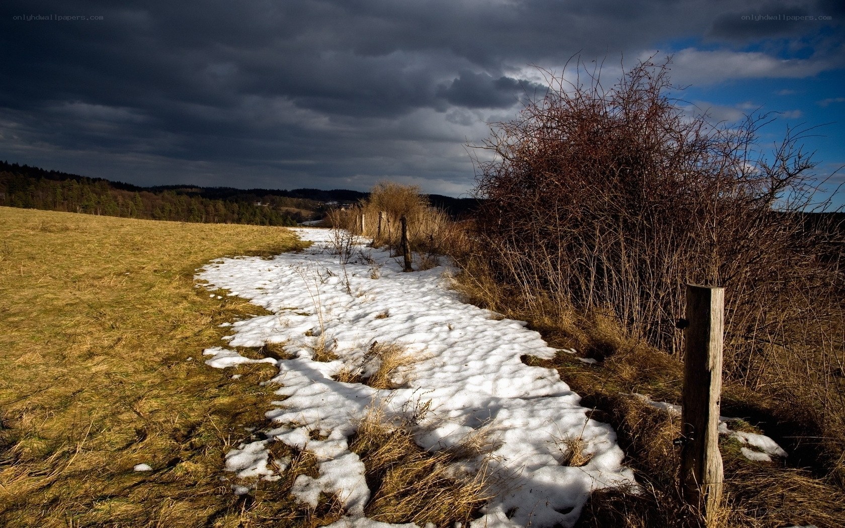 Snowy path in a rural landscape