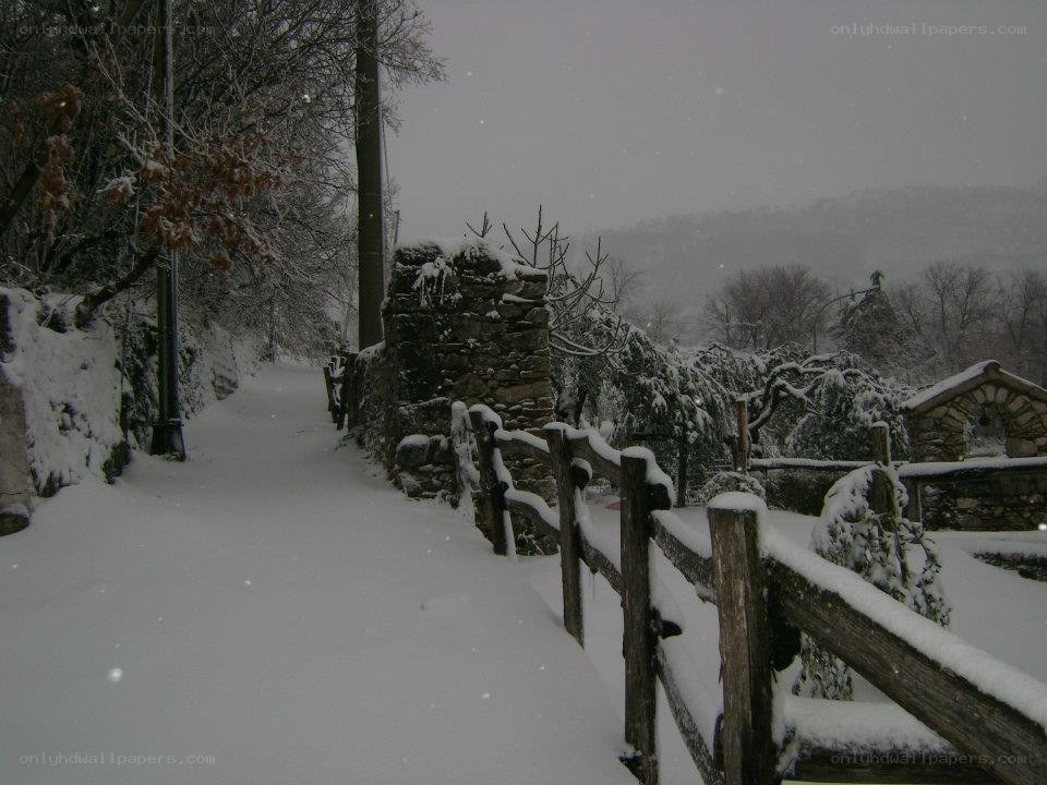 Snowy path in a village