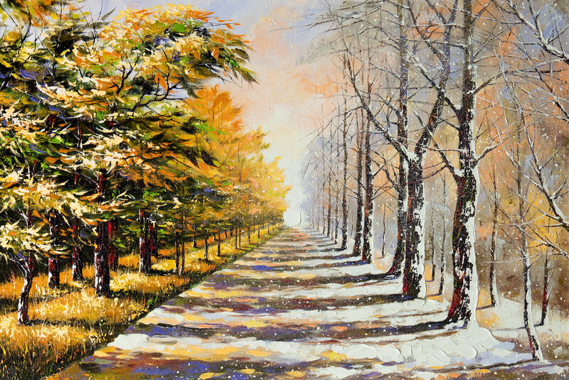 Snowy Path in Forest — White, Serene, Autumn