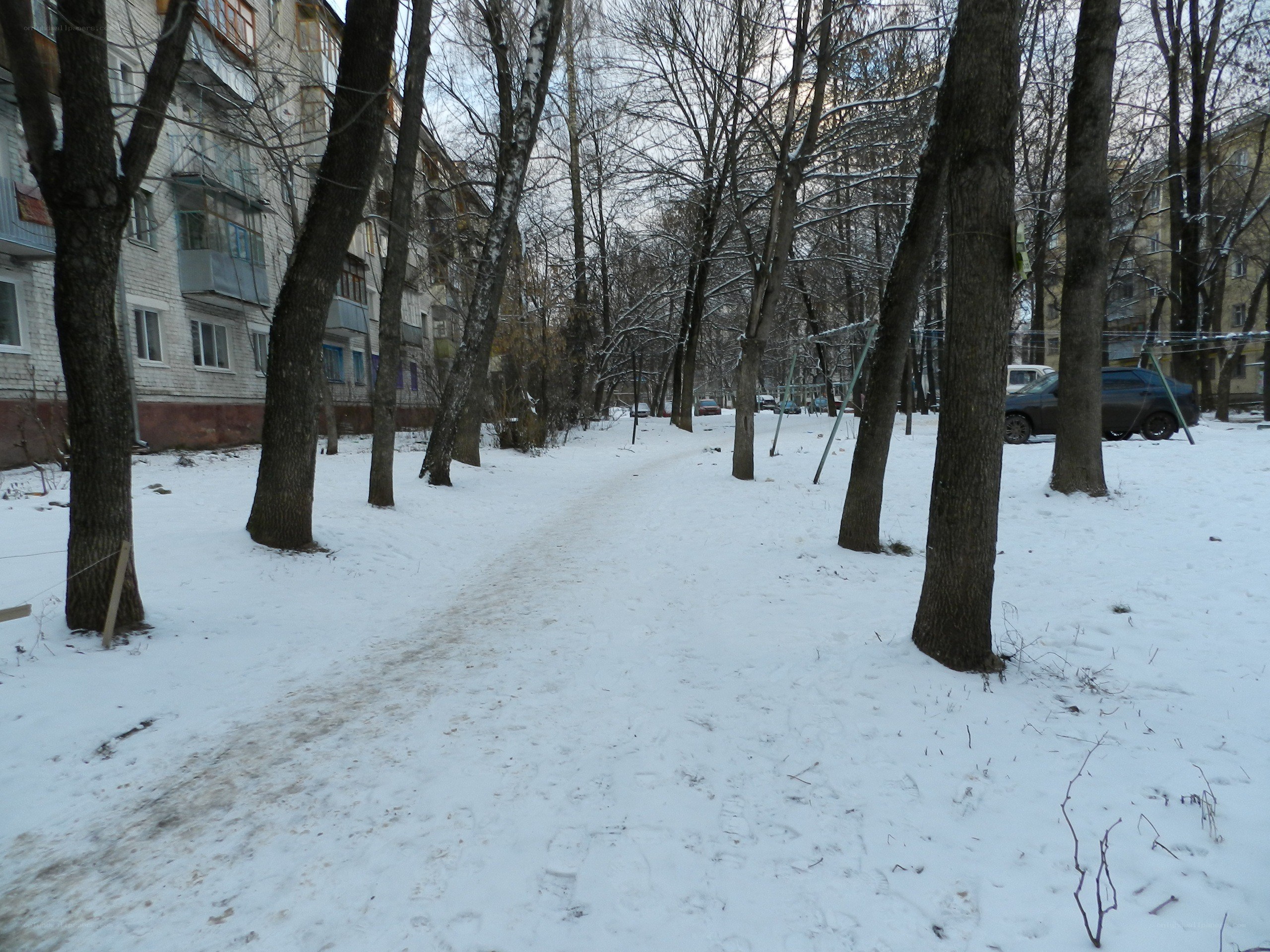 Snowy path in residential area