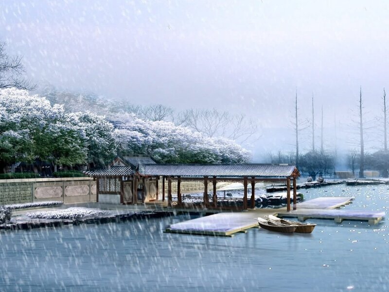 Snowy Pavilion by Lake