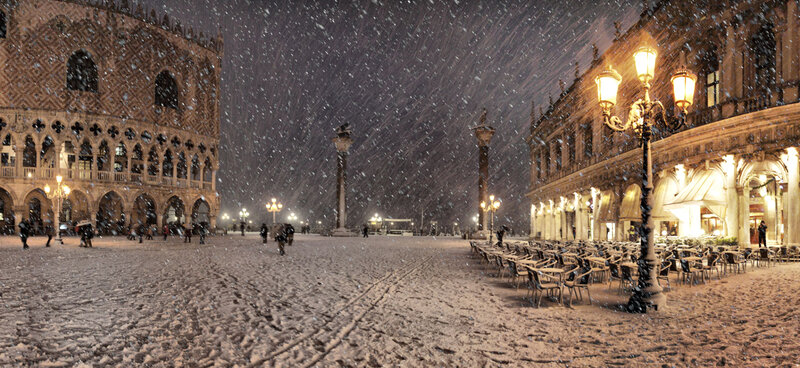 Snowy Piazza at Night