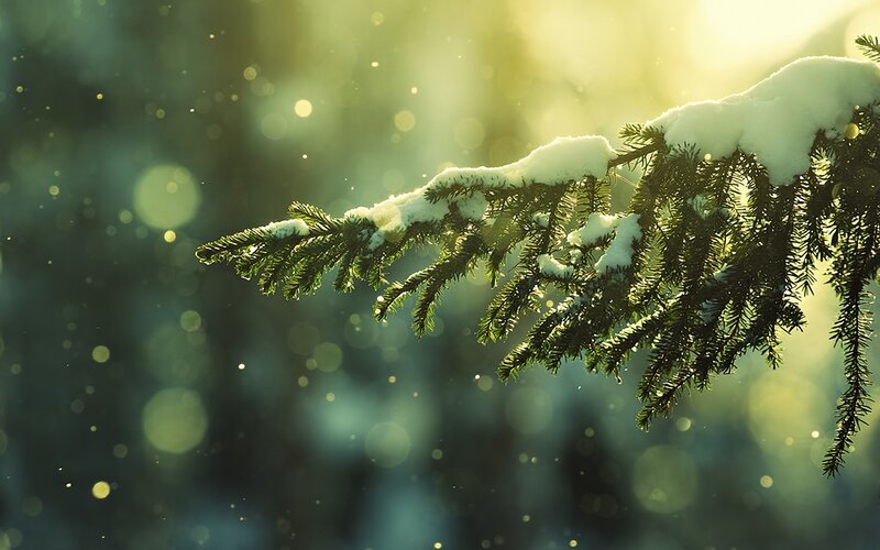 Snowy pine branch in sunlight