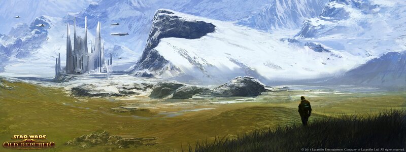Snowy planet with futuristic city