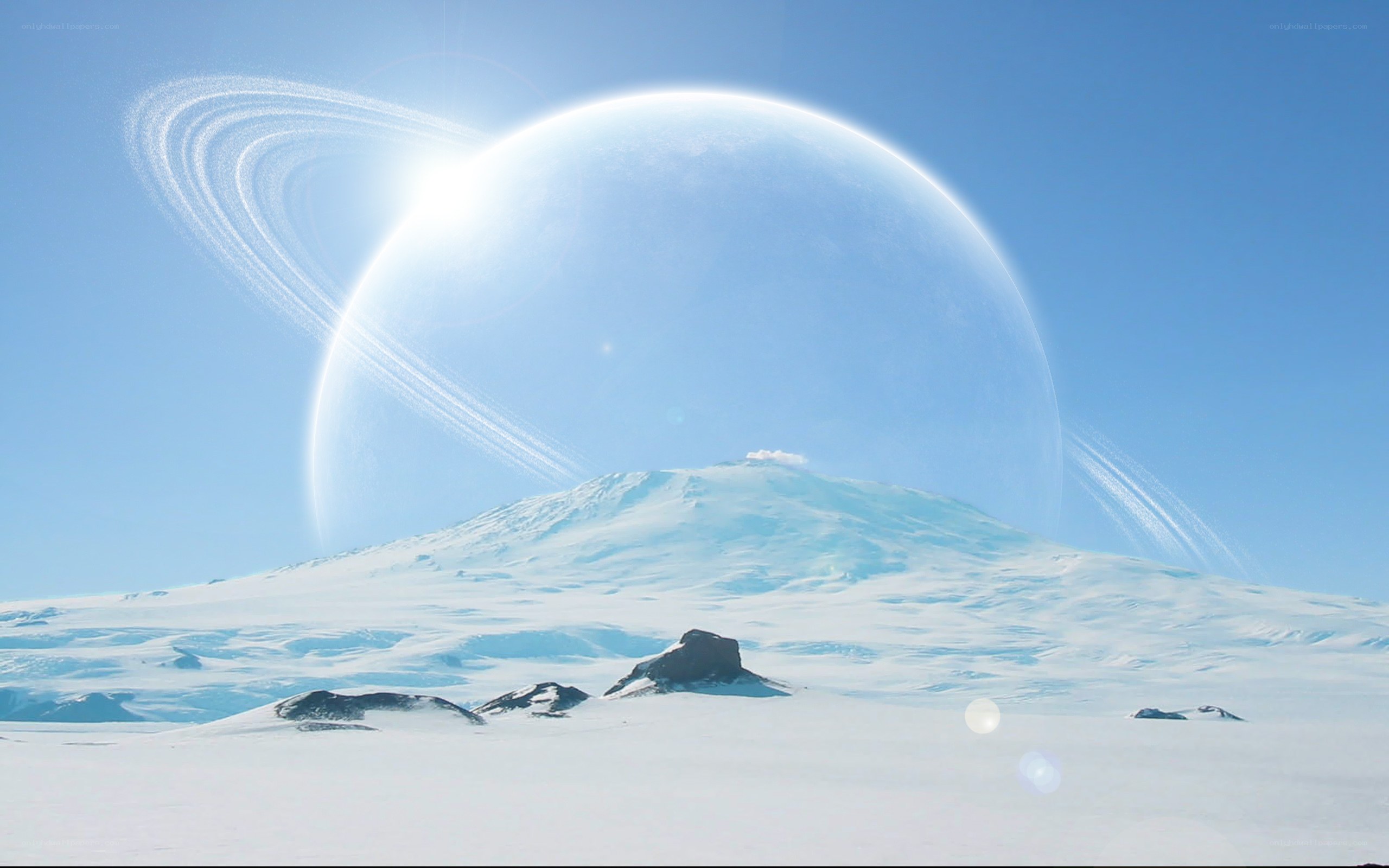 Snowy planet with rings