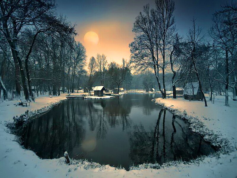 Snowy Pond at Dusk