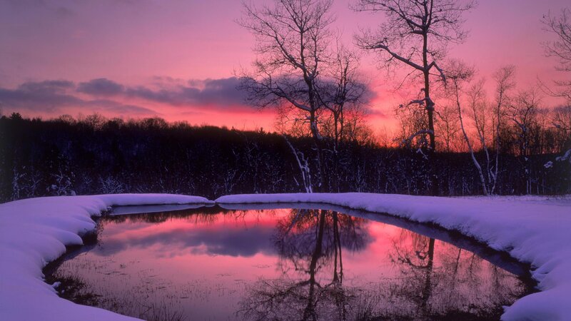 Snowy Pond at Sunset