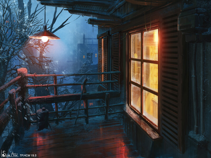 Snowy Porch at Night
