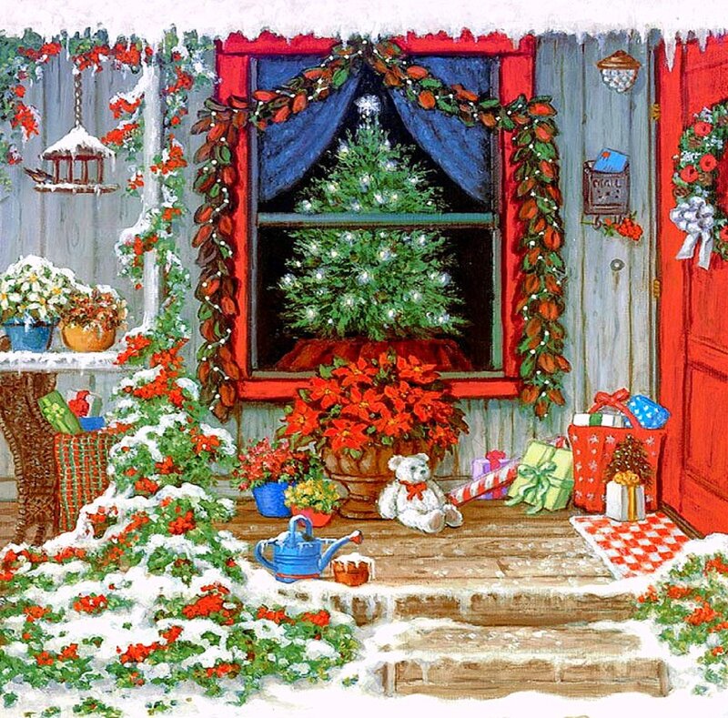 Snowy Porch with Gifts