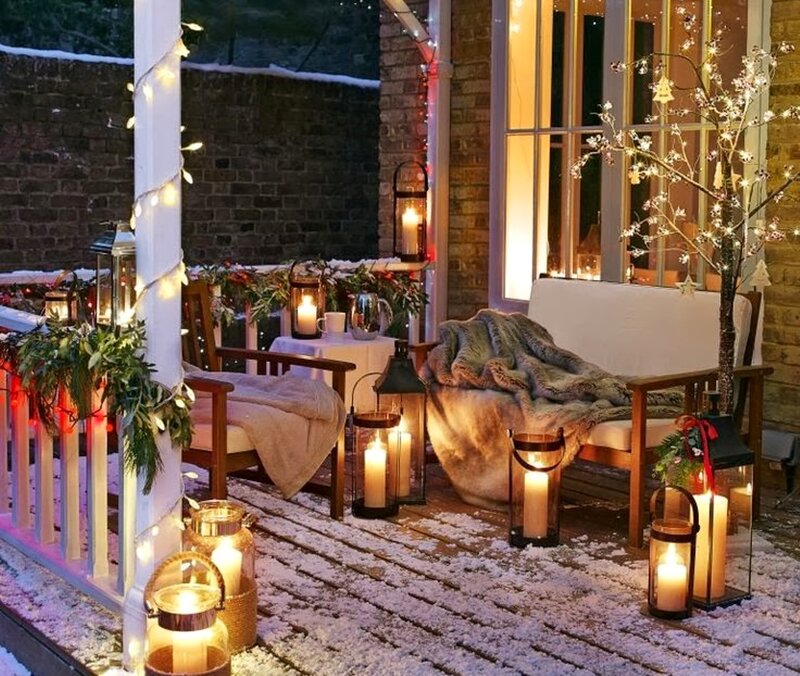 Snowy Porch with Lanterns