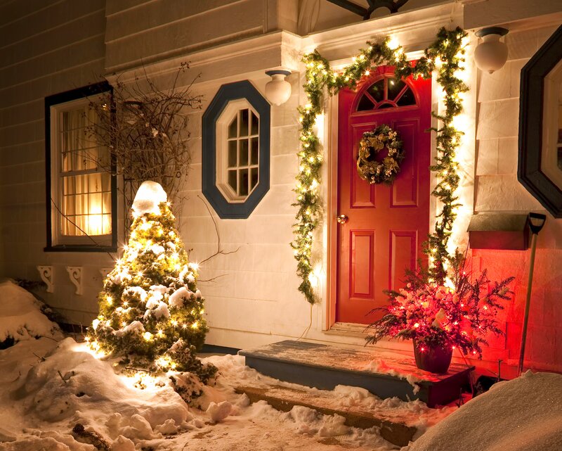 Snowy Porch with Lights — White
