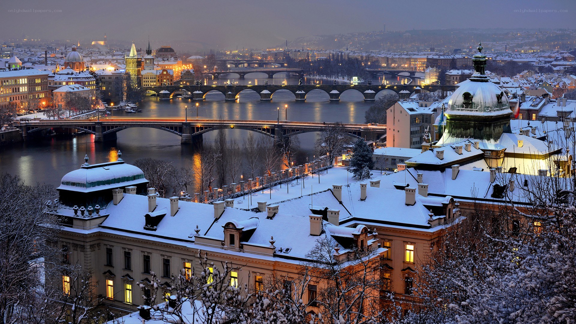 Snowy Prague at dusk