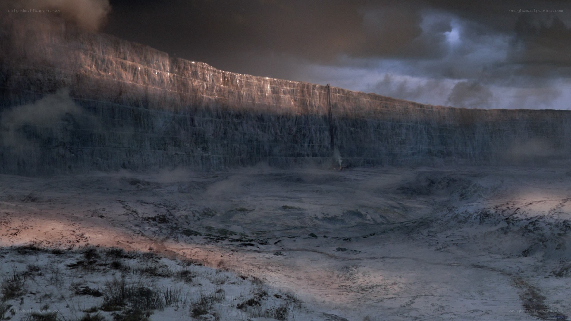 snowy quarry at dusk