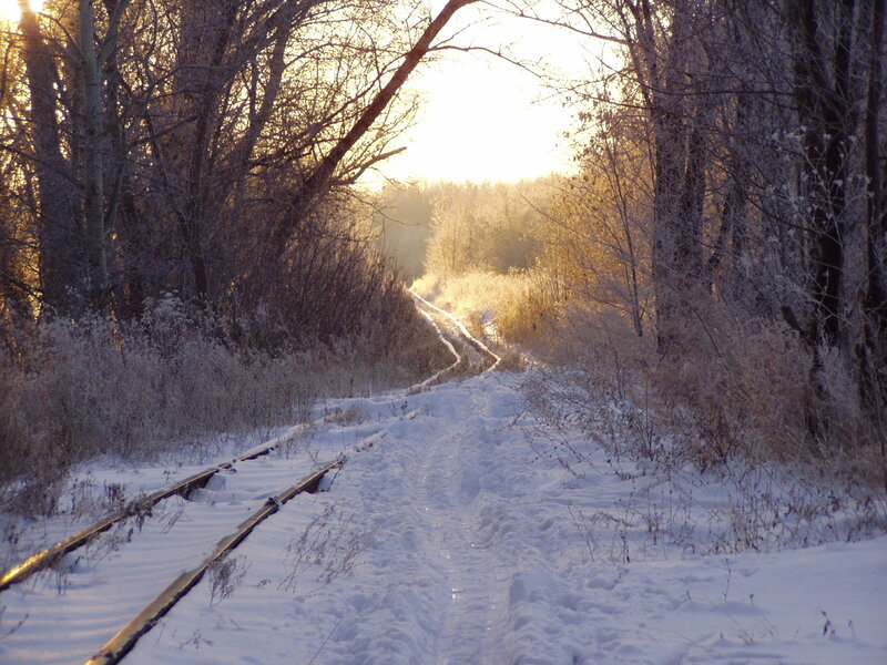 Snowy railway at sunrise