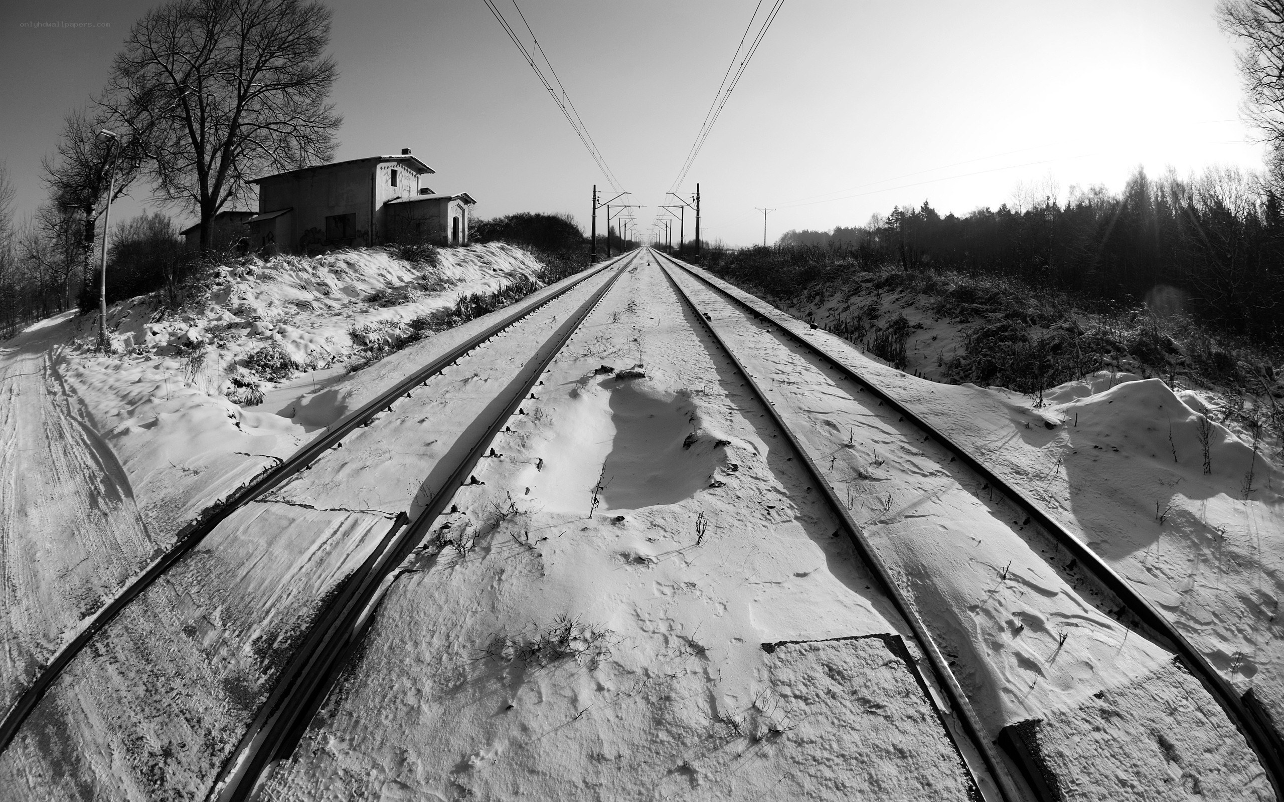 Snowy railway tracks in winter