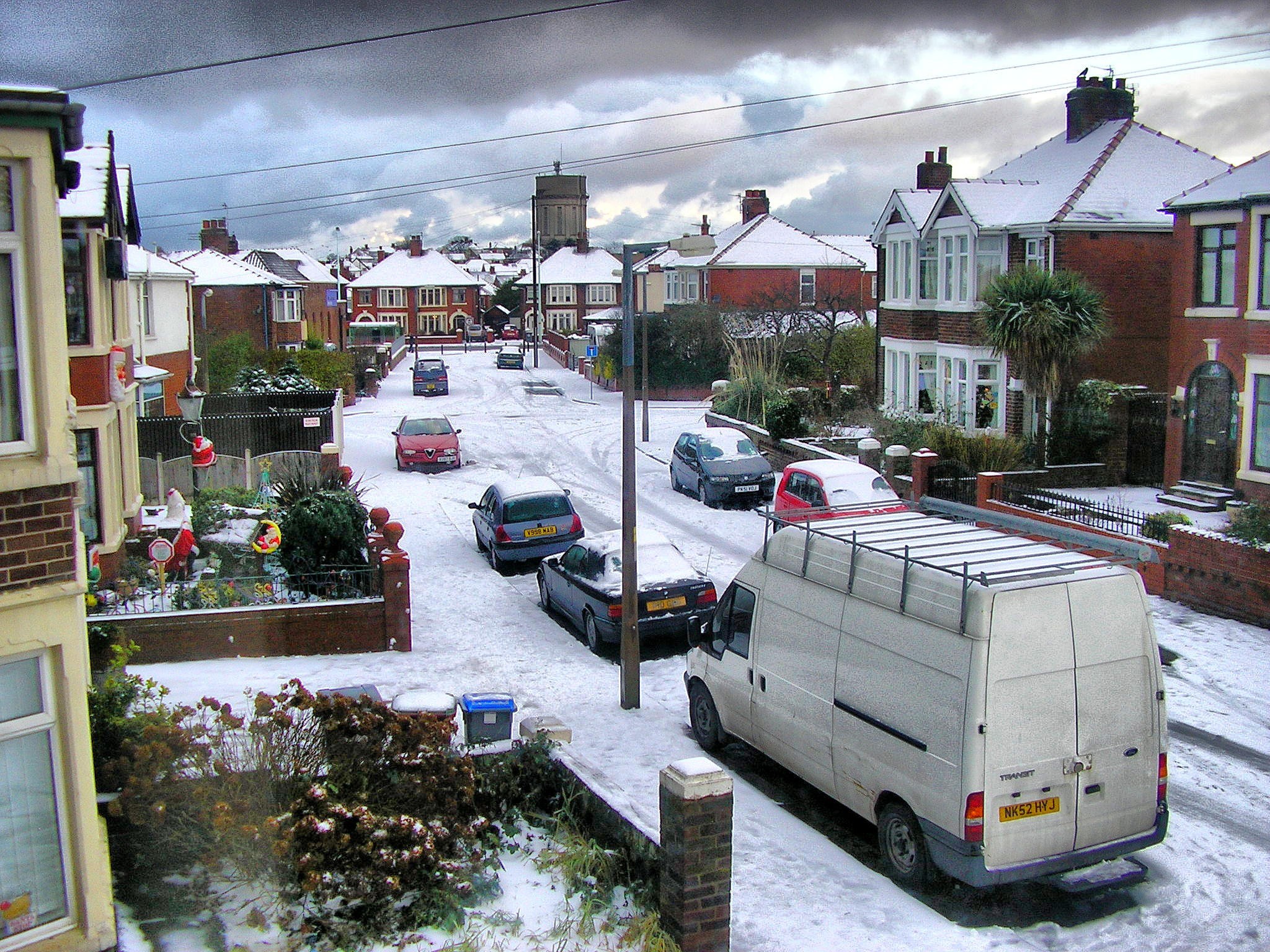 Snowy residential street scene