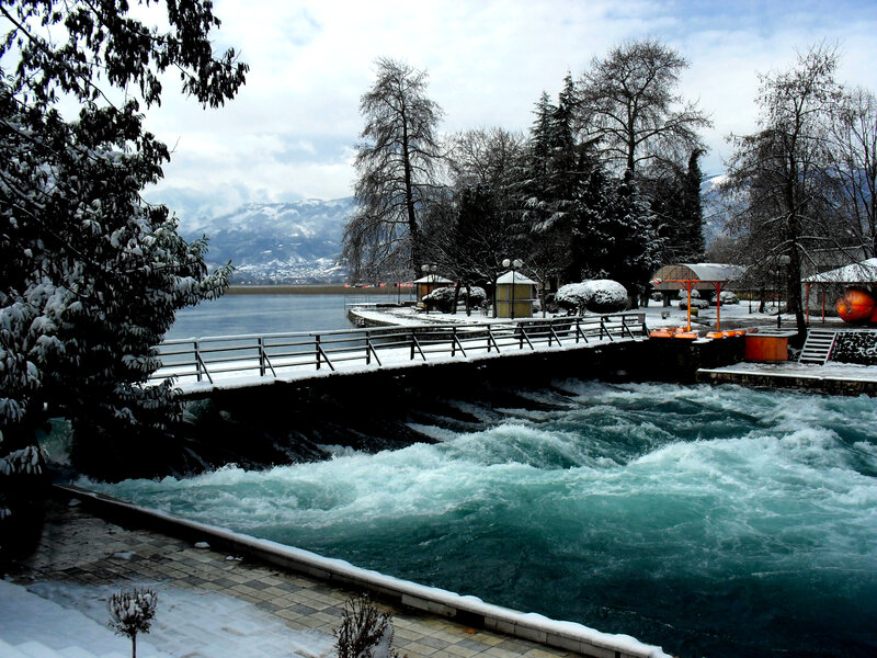 Snowy river and lake scene