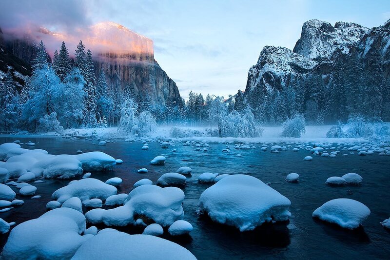 Snowy river at dawn in Yosemite