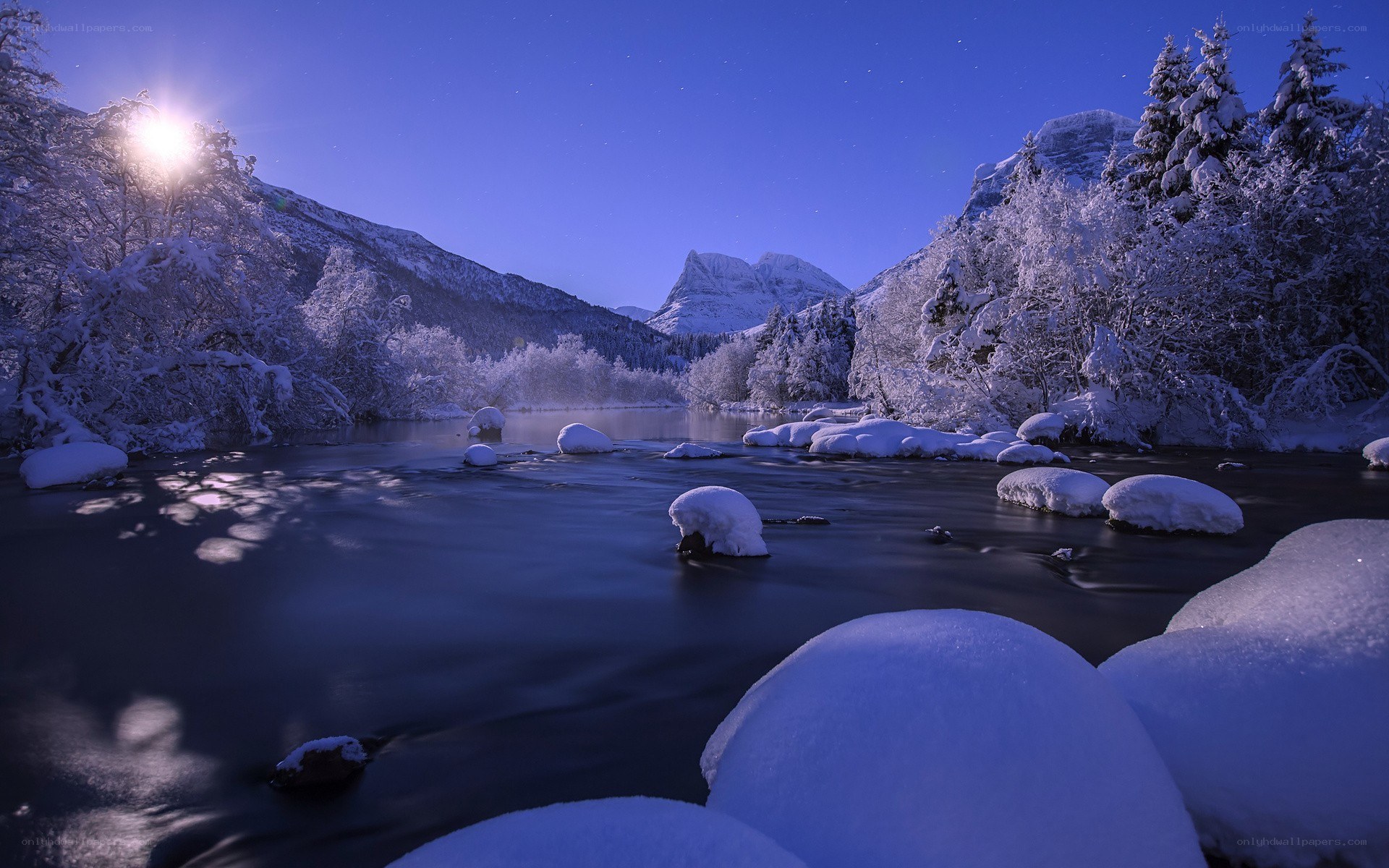 Snowy river at night