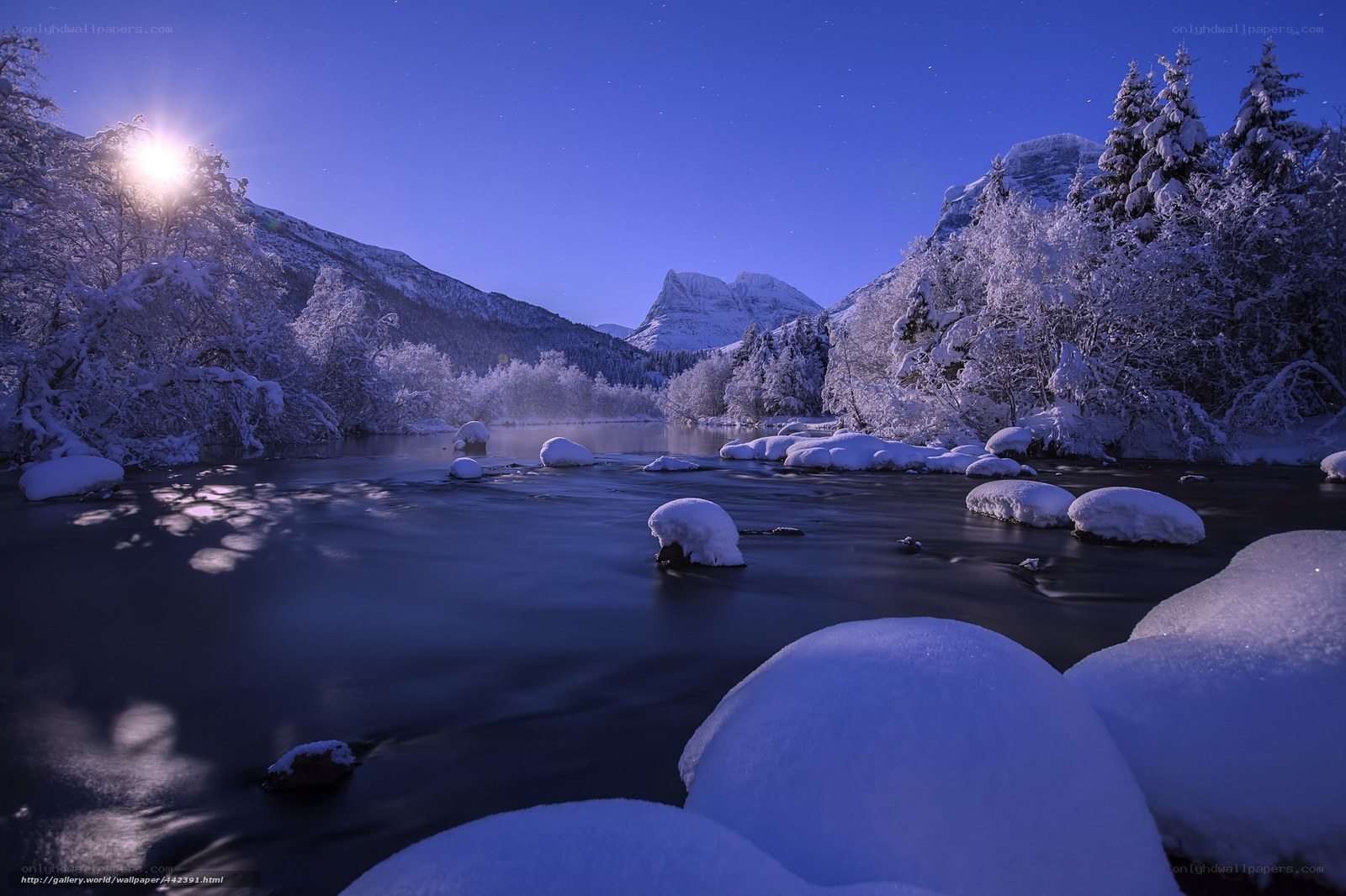 Snowy river at night