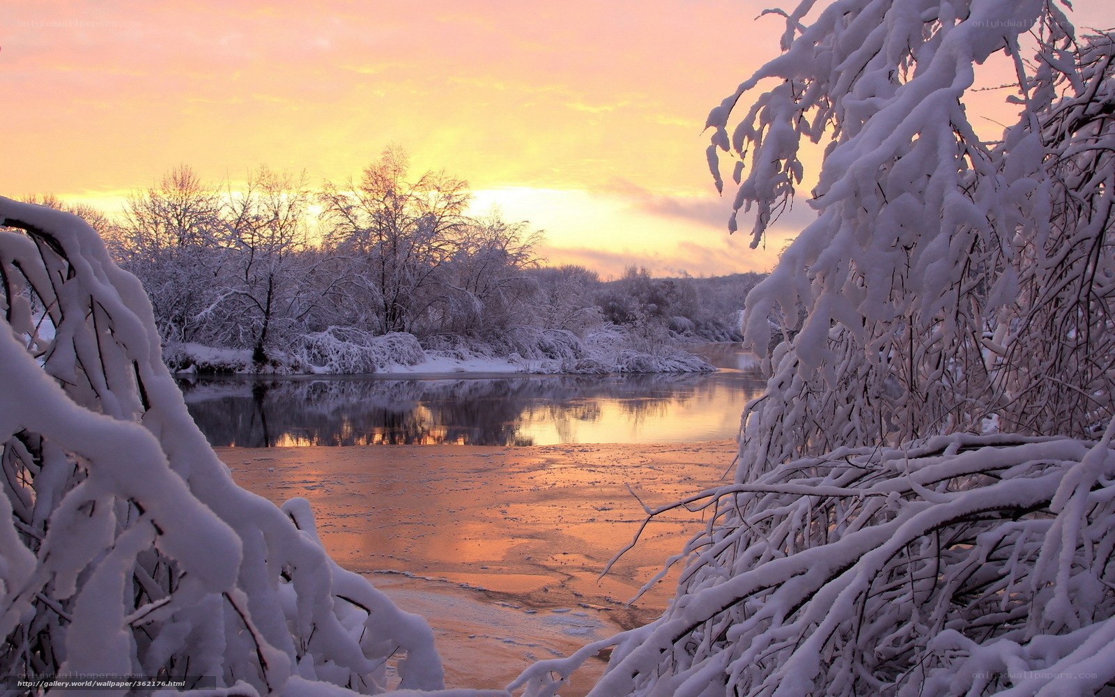 Snowy river at sunset
