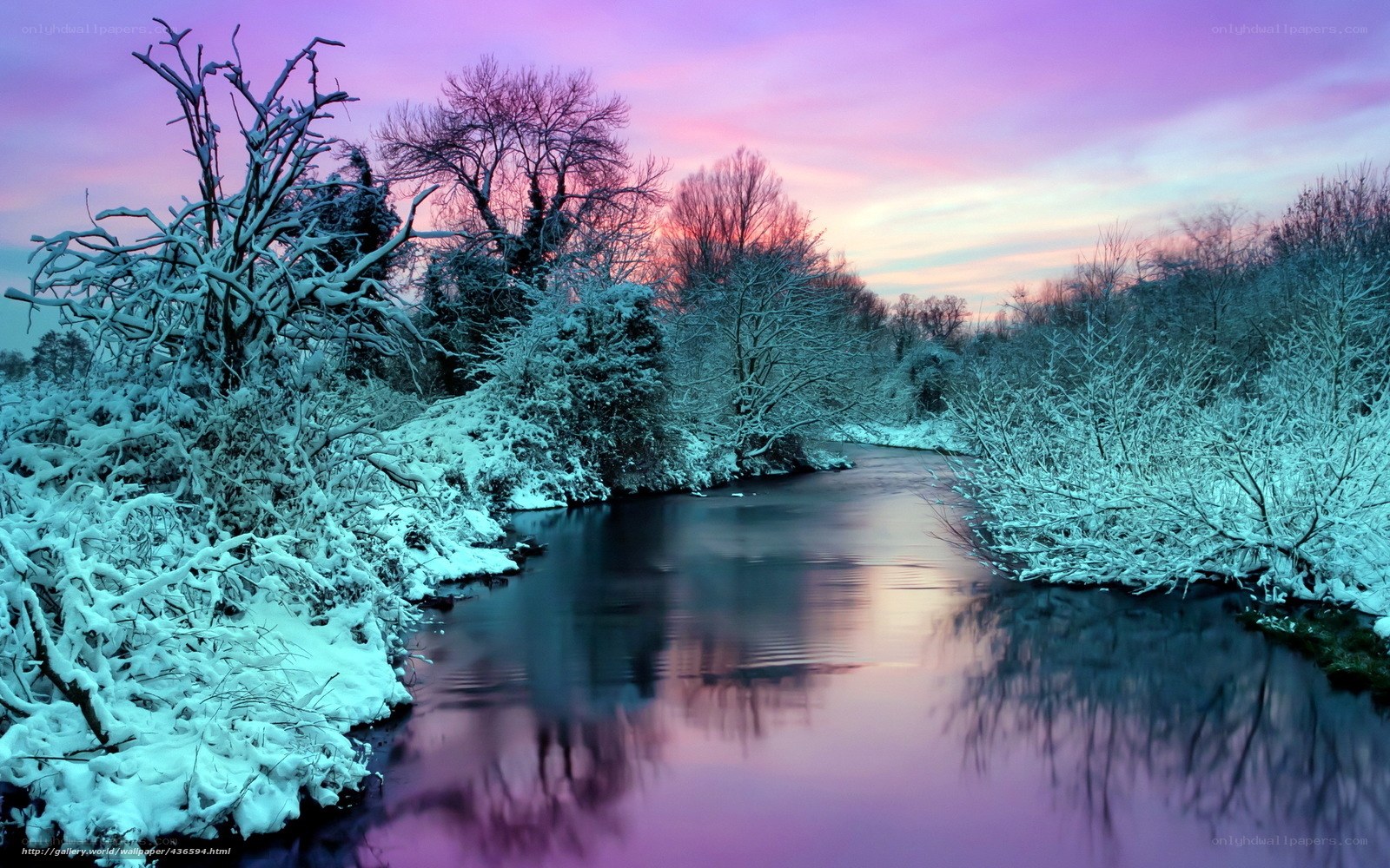 Snowy river at sunset