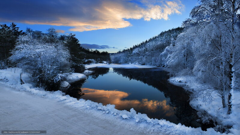 Snowy river at sunset