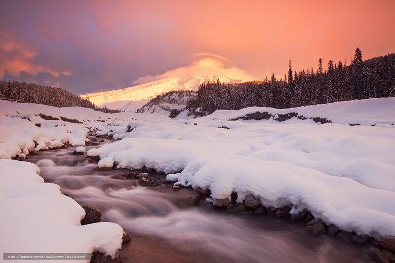 Snowy river at sunset