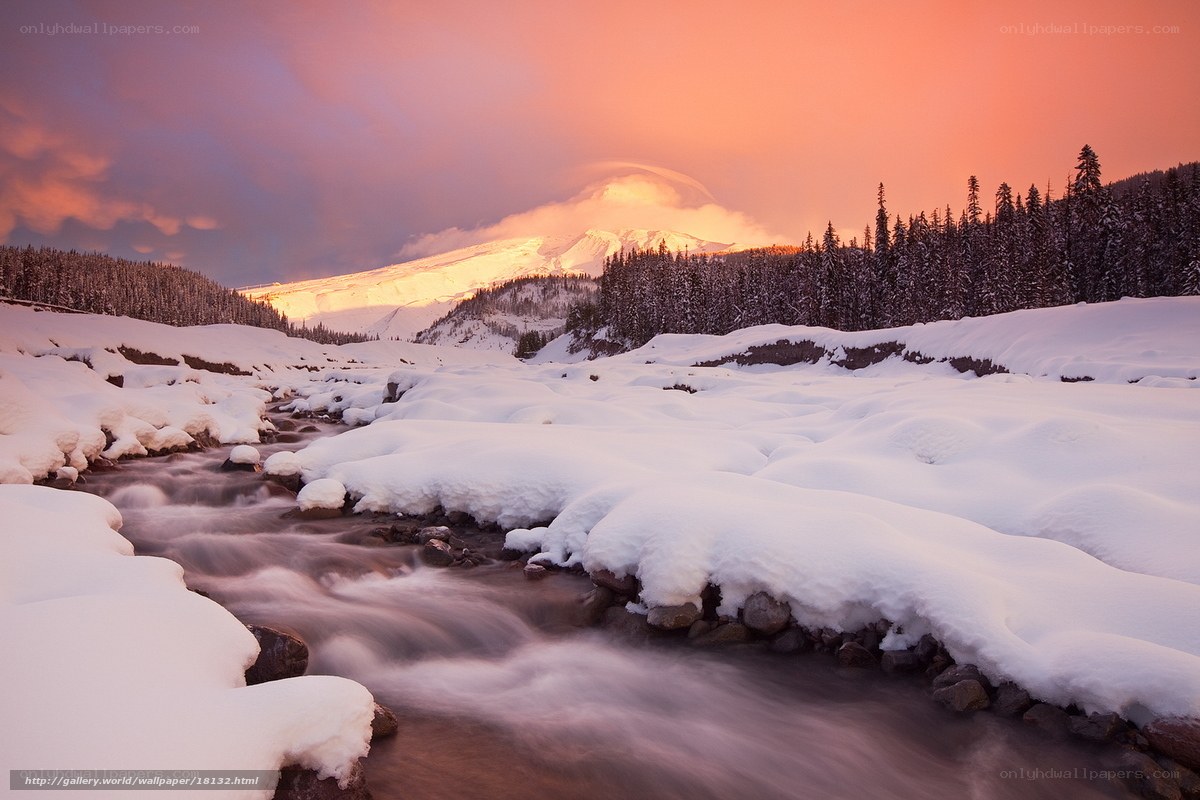 Snowy river at sunset
