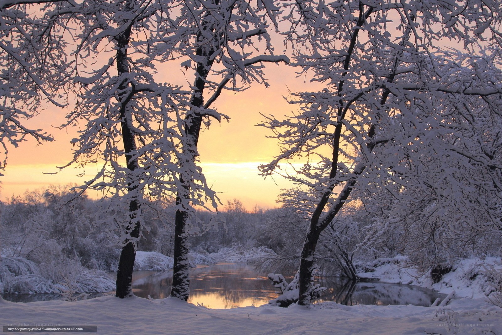 Snowy river at sunset