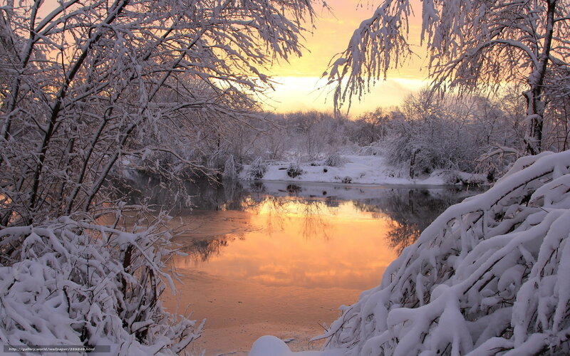 Snowy river at sunset