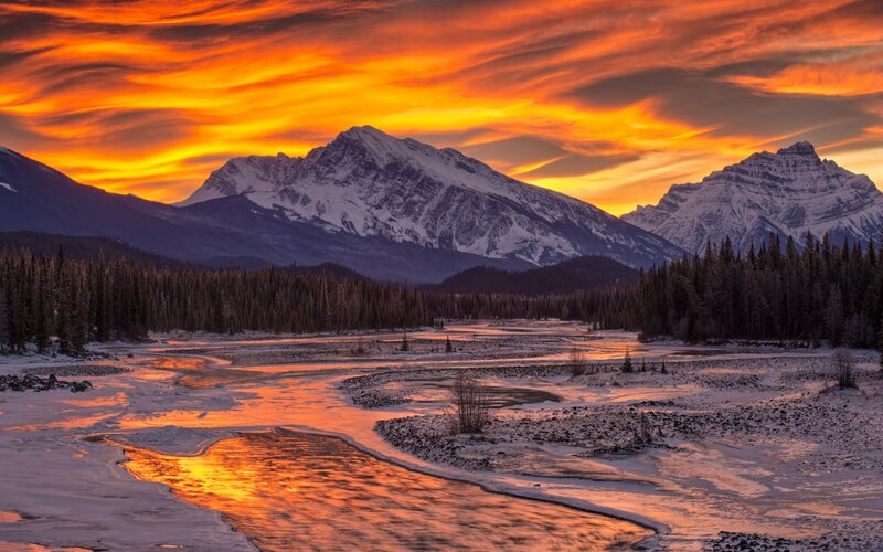 Snowy River at Sunset — Orange, Dramatic, Photograph, Mountains, Forest