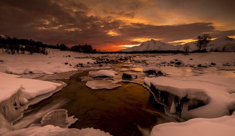 Snowy River at Sunset — Orange, Dramatic, Photograph, Mountains