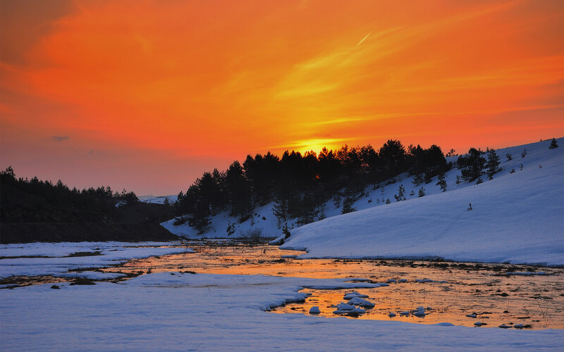 Snowy River at Sunset — Orange, Dramatic, Photograph, Trees, Snow