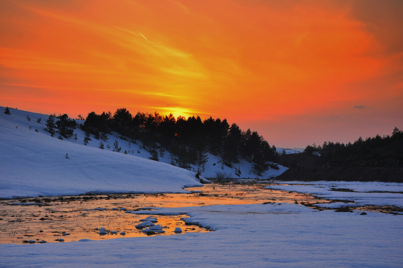 Snowy River at Sunset — Orange, Dramatic, Photograph, Trees