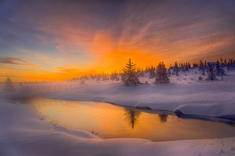 Snowy River at Sunset — Orange, Serene, Photograph