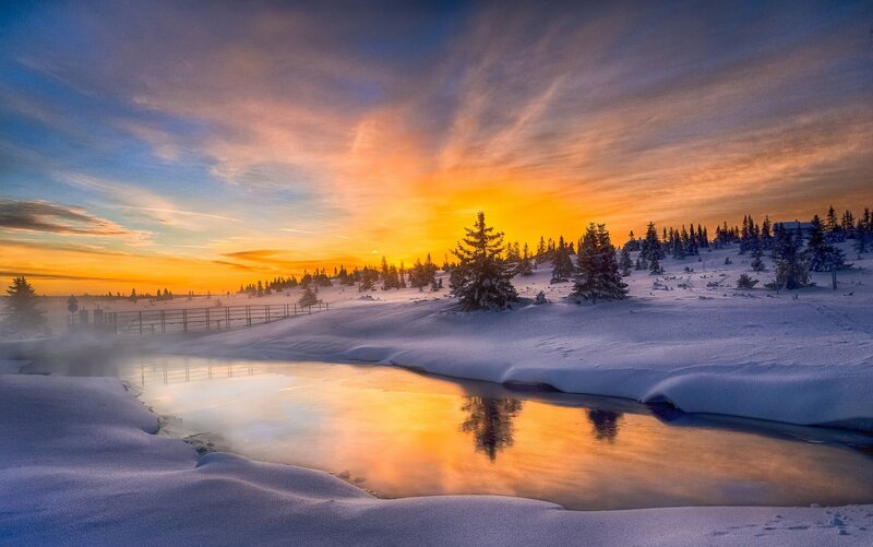 Snowy River at Sunset — Orange, Serene, Photograph, Trees, Sky