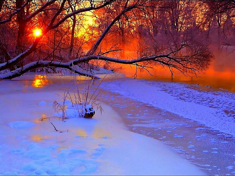 Snowy River at Sunset — Orange, Serene, Photograph, Trees