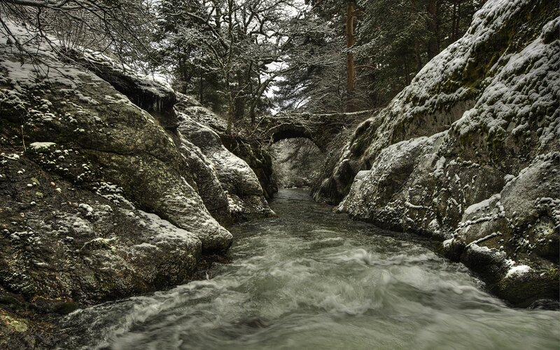 Snowy river in a forest canyon