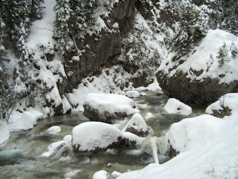 snowy river in a forested canyon