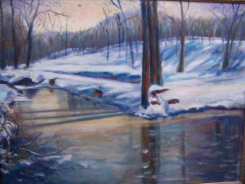 Snowy River in Forest — Blue, Serene, Winter, Painting