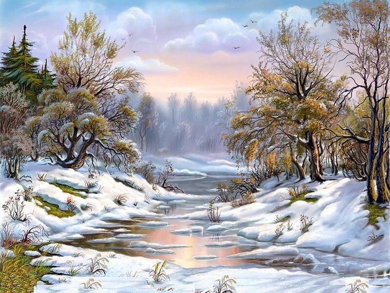 Snowy River in Forest — White, Serene, Winter, Painting