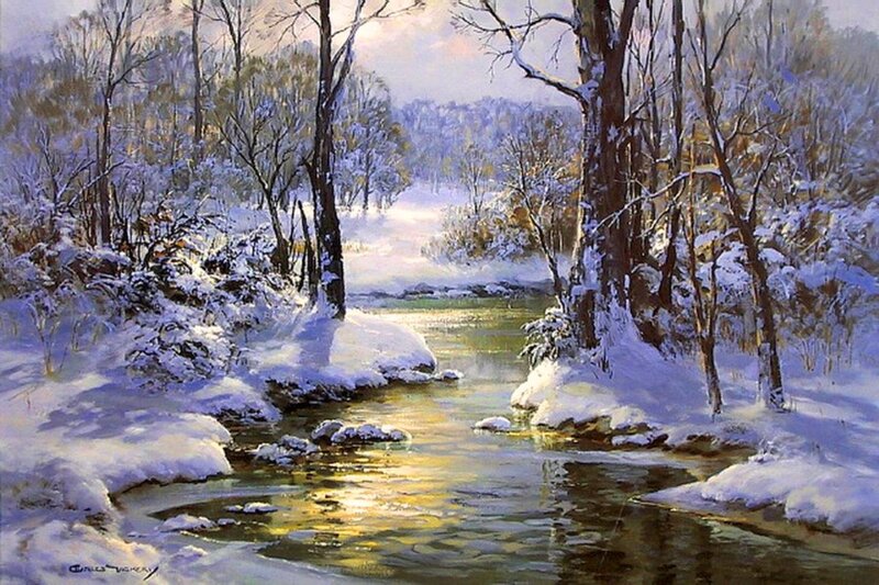 Snowy River in Forest — White, Serene, Winter, Painting, Trees