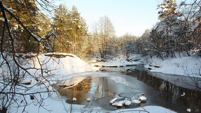 Snowy River in Forest — White, Serene, Winter, Photograph