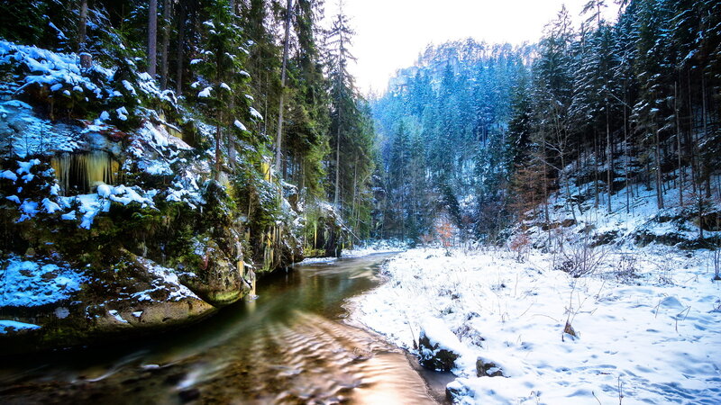 Snowy River in Forest — White, Serene, Winter, Photograph, Trees