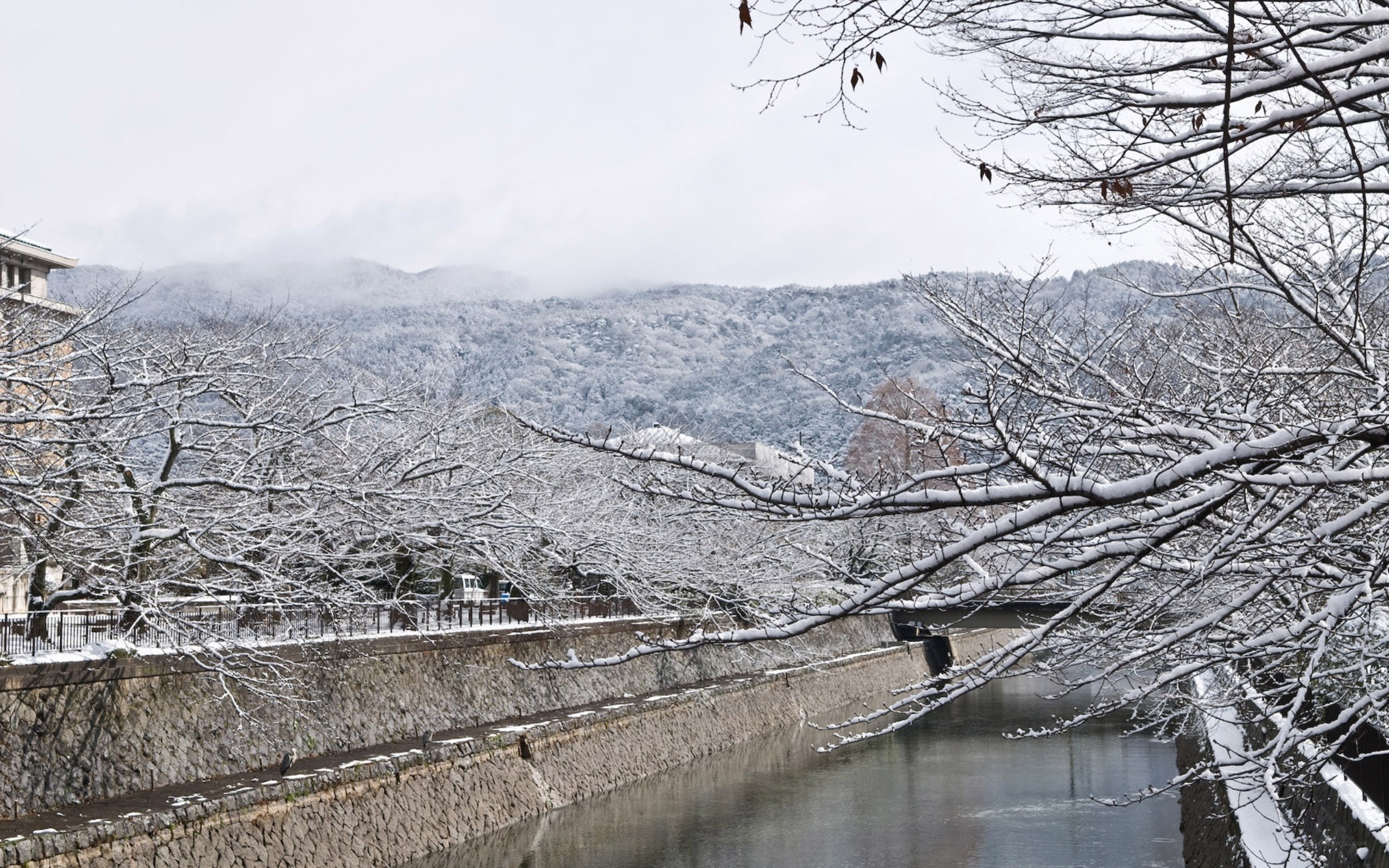 Snowy river in Kyoto
