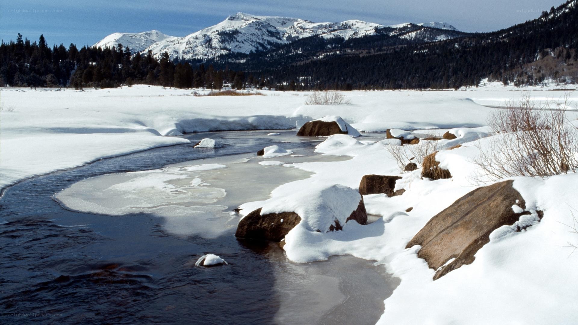 Snowy river in mountain valley